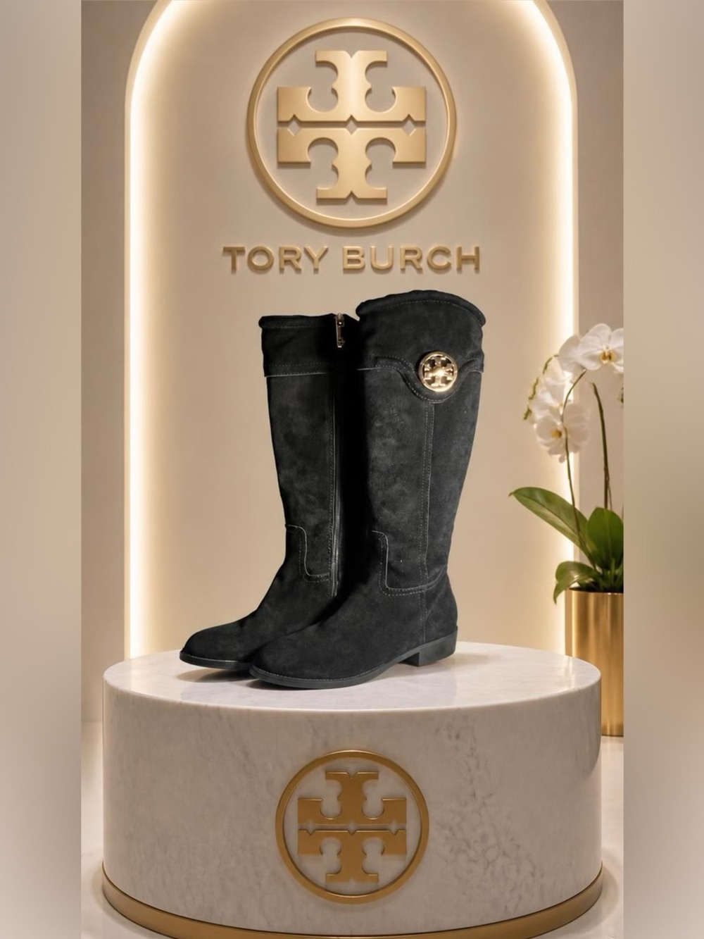 Tory Burch Selma Black Suede Mid-Calf Riding Boots